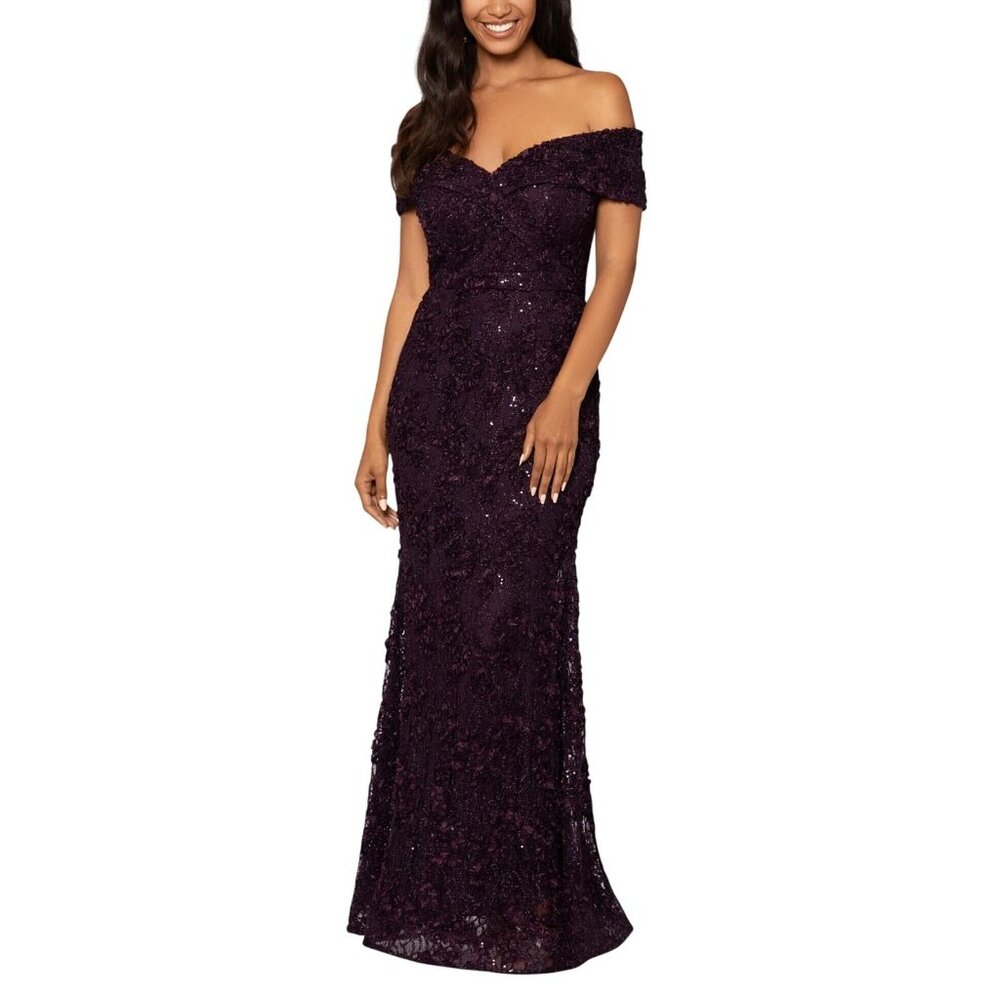 Xscape Off-Shoulder Sequin Evening Gown in Deep Purple